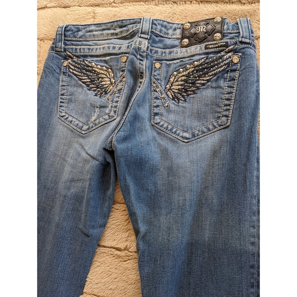 Y2K Miss Me Angel Wing Jeans Straight Leg Size 31 Bling Rhinestone Pockets